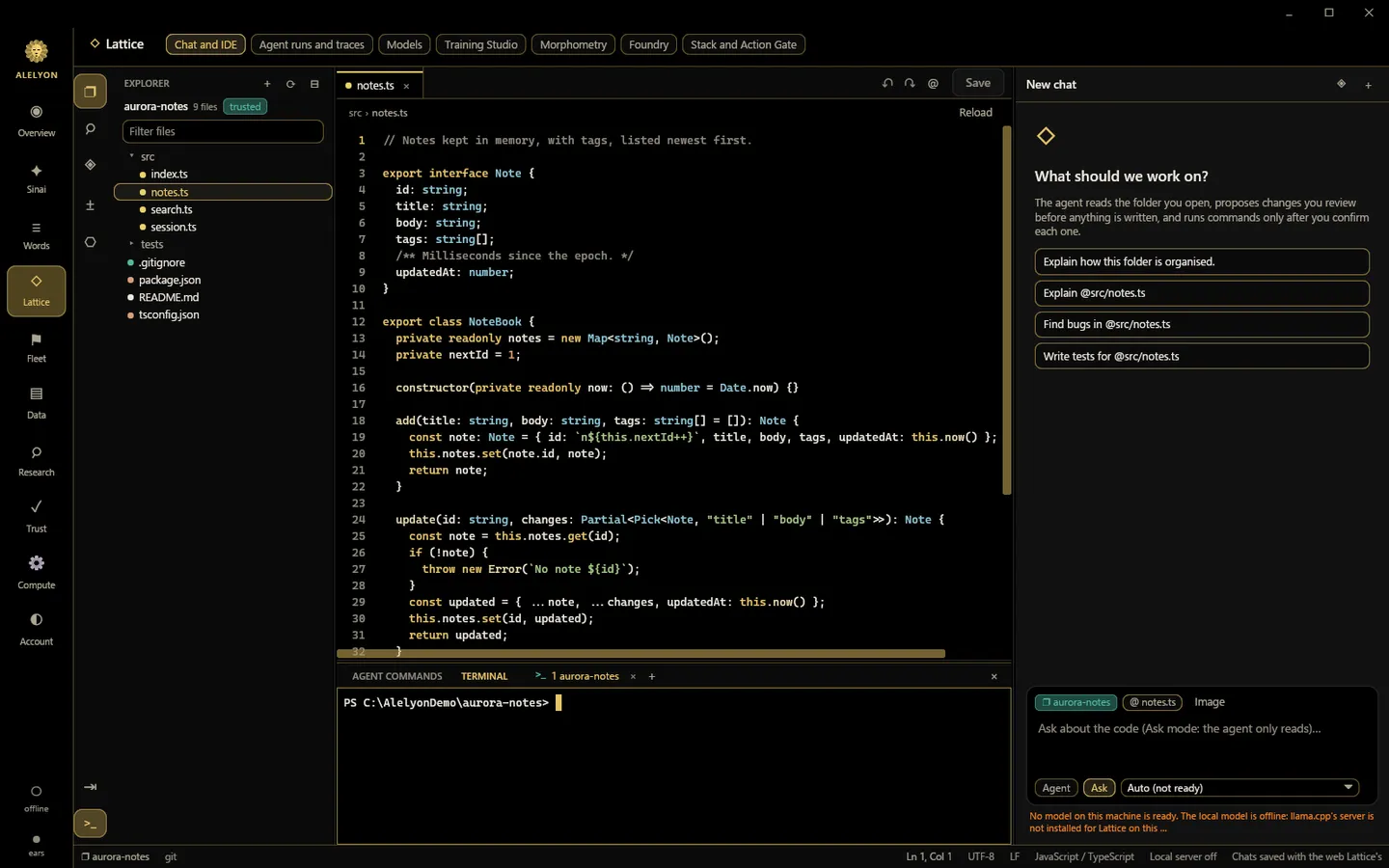 Lattice with src/notes.ts in the editor and Windows PowerShell open in the terminal panel.