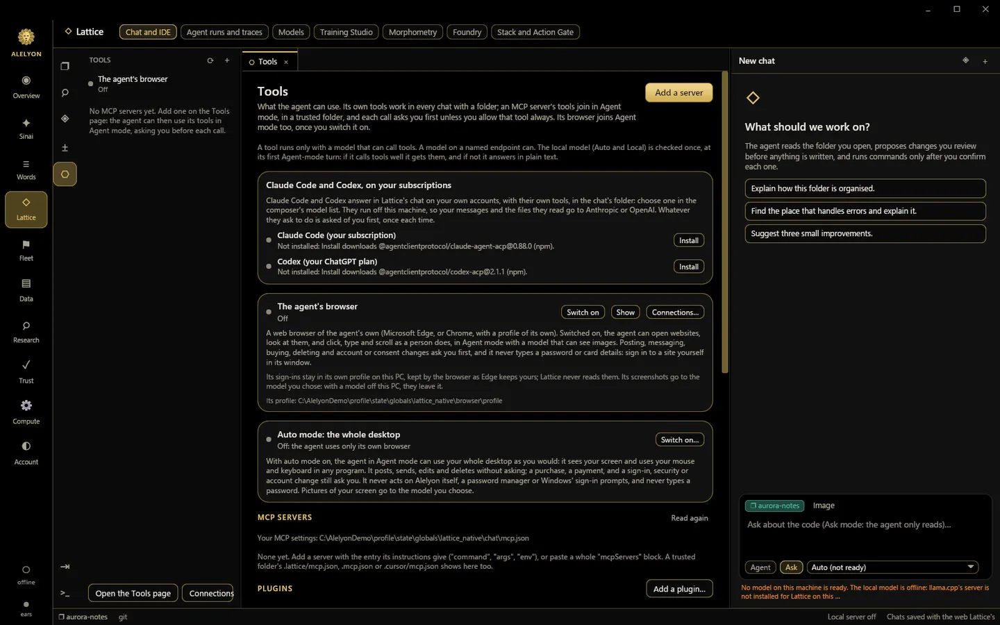 Lattice’s Tools page: Claude Code, Codex, the agent’s browser, auto mode and MCP servers, each off until you switch it on.