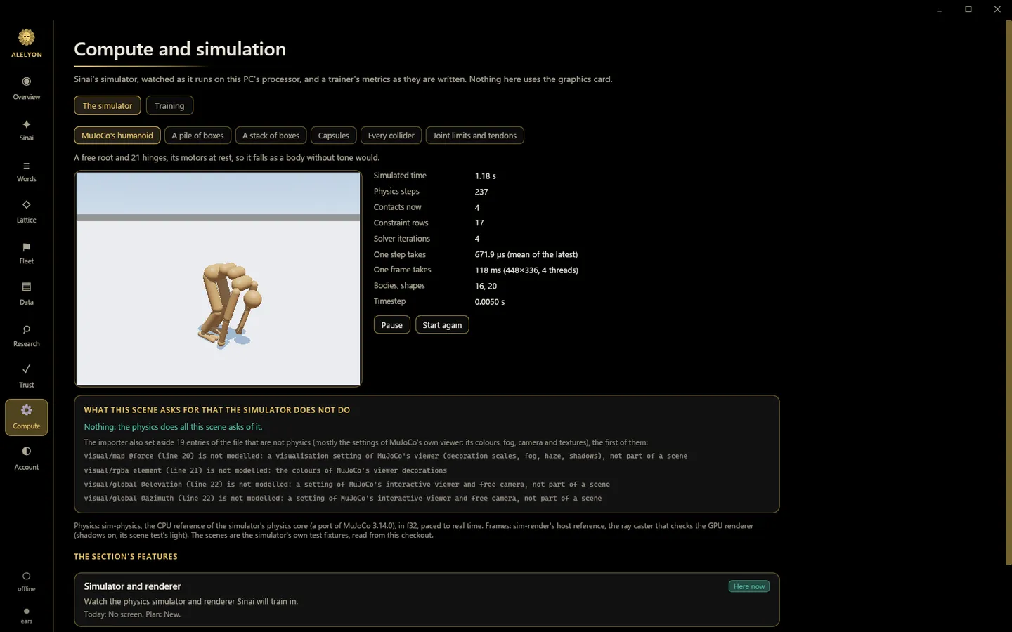 The simulator on the Compute page of the Alelyon app, running MuJoCo’s humanoid scene on the processor, mid-fall.
