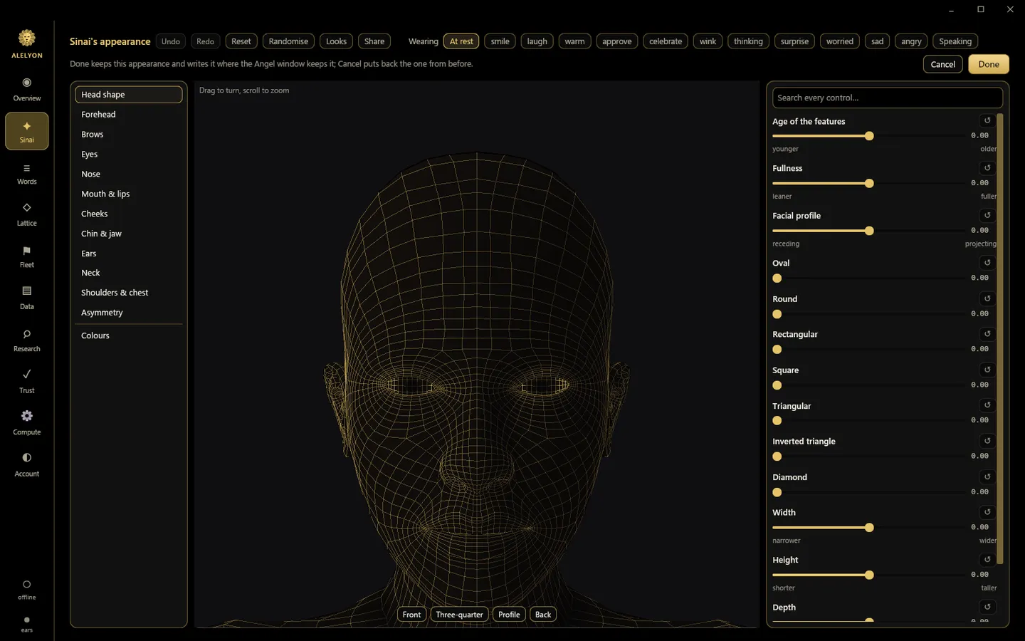 Sinai’s appearance creator: its gold wireframe face with feature, expression and shape controls.