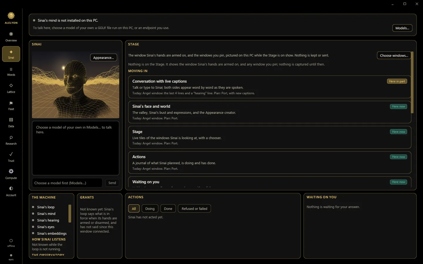 Sinai’s page in the Alelyon app: its gold wireframe face, with no mind installed yet.